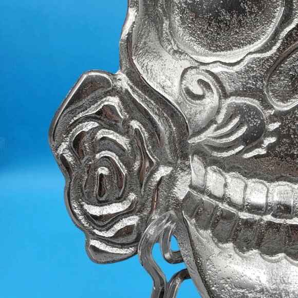 Halloween Skull Silver Cast Metal Dish Top Hat Gothic Rose Serving Dish 9" Candy - Picture 4 of 9